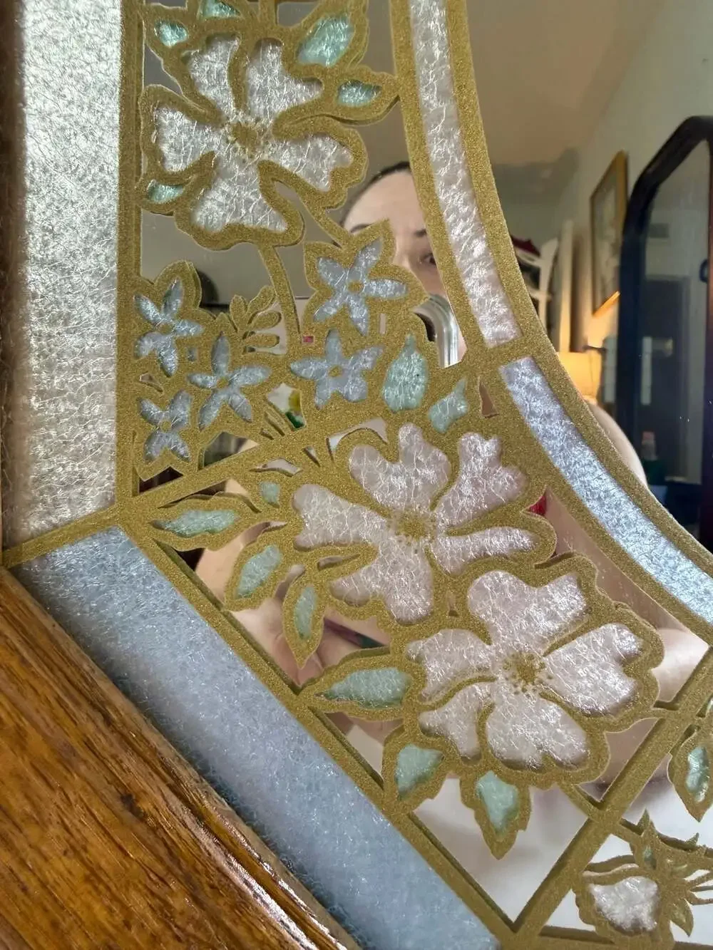 Vintage Windsor Art Wall Mirror with Pastel Floral Etched Glass and Wood Frame